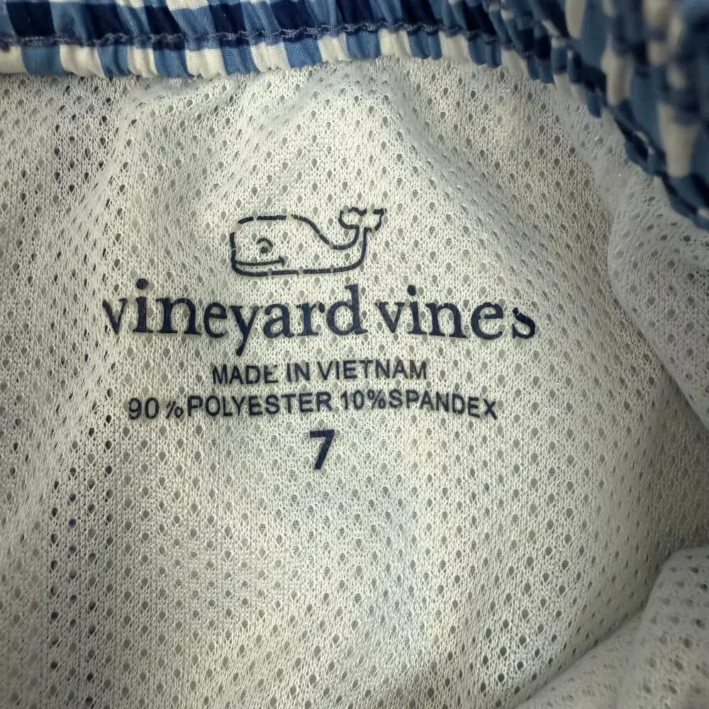 Vineyard Vines Boys Gingham Swim Trunks Size 7‎ Navy White Elastic Waist